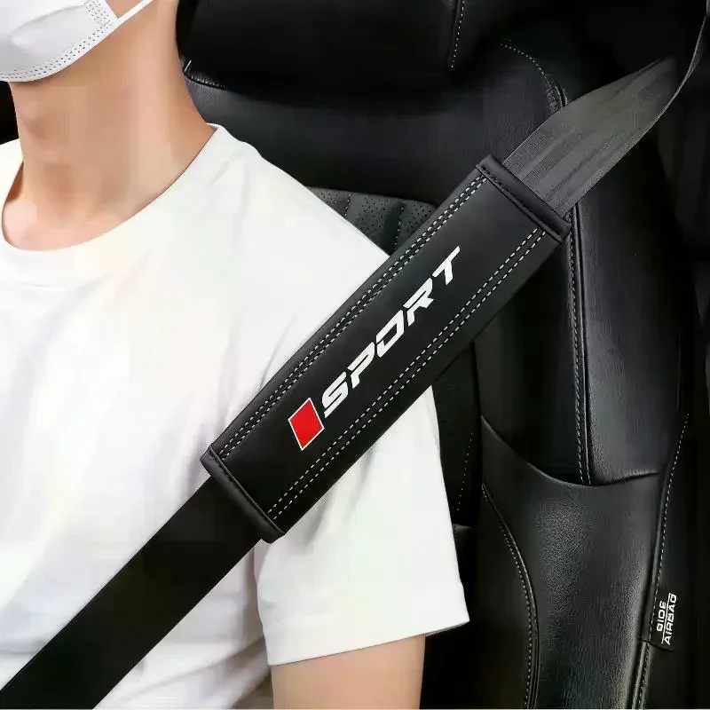 Car Seat Belt Shoulder Pad PU Leather Soft Comfortable Cushion Sport Logo Print For Daily Driving Long Trips Fits Most Cars