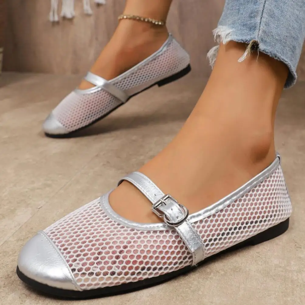 Women's Mesh Breathable Ballet Flat Shoes Summer Hollow Fishnet Mary Jane Soft Walking Loafers Hollow out Breathable Sandals
