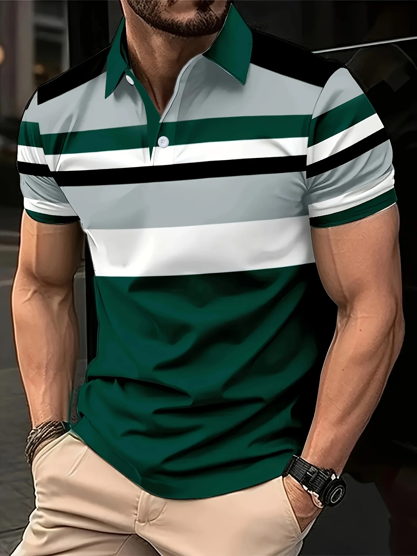 

Men's Casual Stripesd Plaid 3D Printed Golf Shirt Short-Sleeved Spring Summer and Autumn Button Polo Shirt Male Top