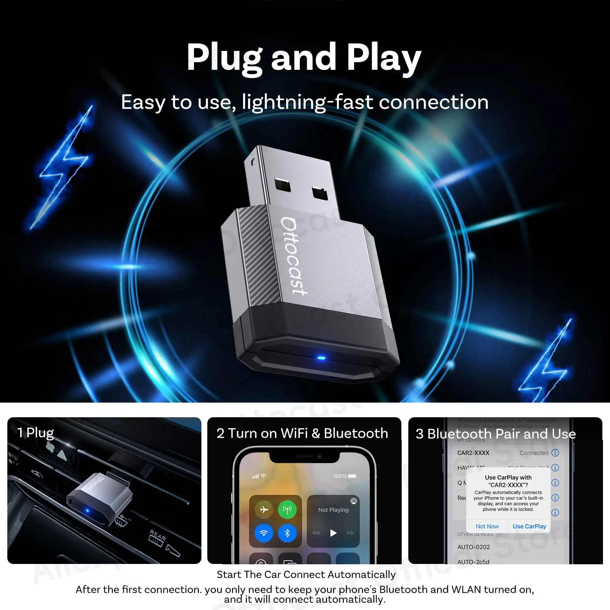 OTTOCAST Mini Nova Kabelgebunden zu Kabellos 2-in-1 CarPlay Android Auto Adapter Dongle Auto-Zubehör für Benz Audi VW Kia Toyota – Detail 9