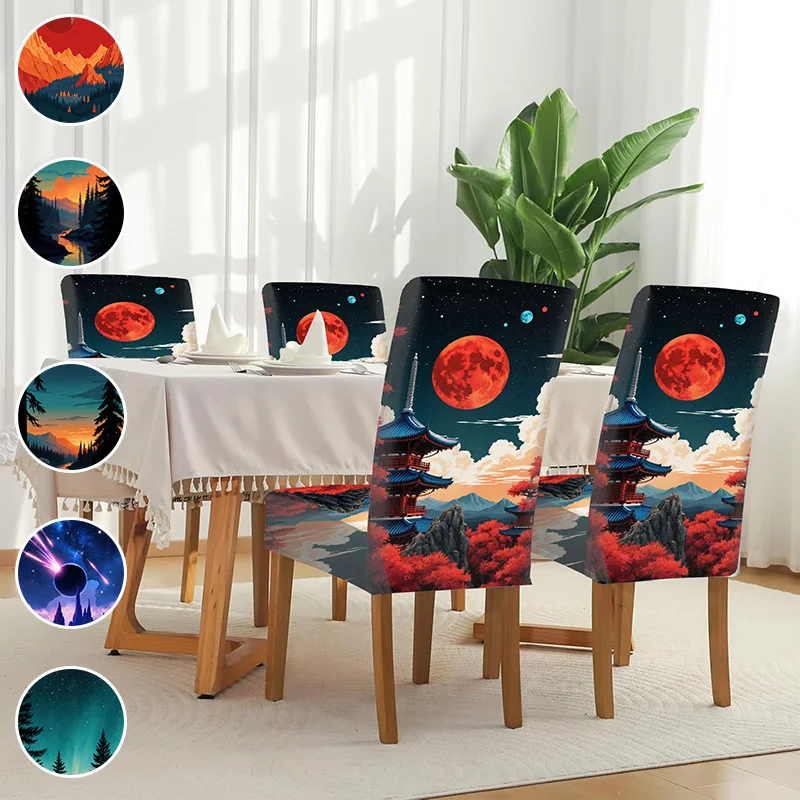 Elastic printed dining chair cover, removable and washable anti-grab dining chair cover, illustrated night scene pattern