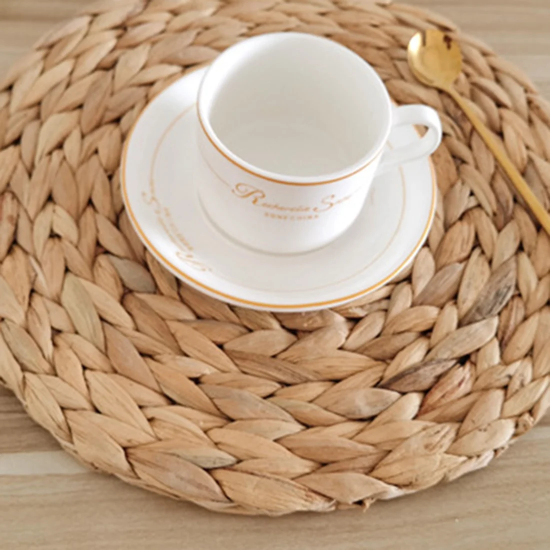 Round Woven Rattan Placemats, Natural Wicker Mats, Water Hyacinth Straw Braided Placemats, Set of 6