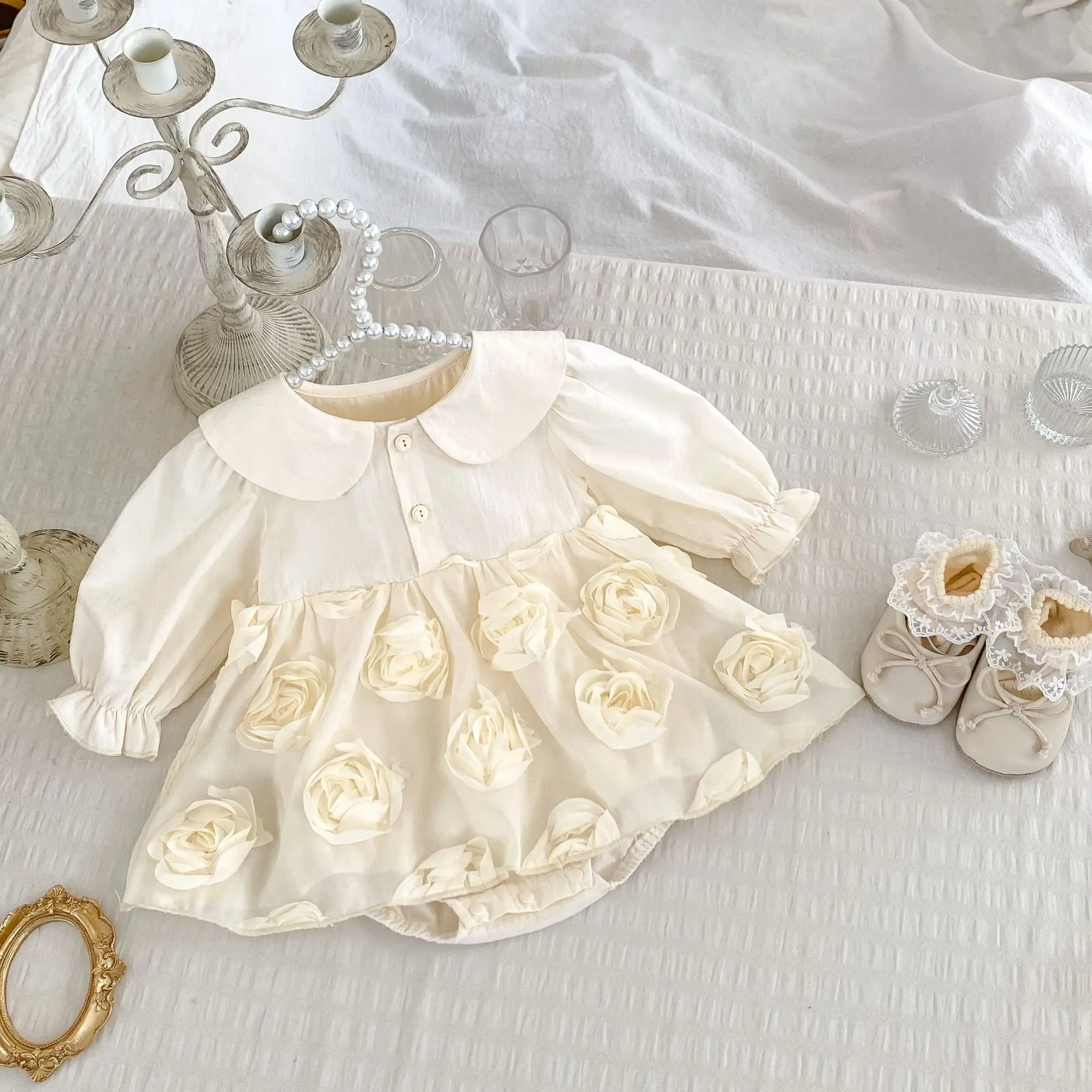 INS Baby Girl Autumn Dress Long Sleeve Sweet Three-dimensional Flower Infant Girls Dress Wrapped Newborn Girl Princess Dress