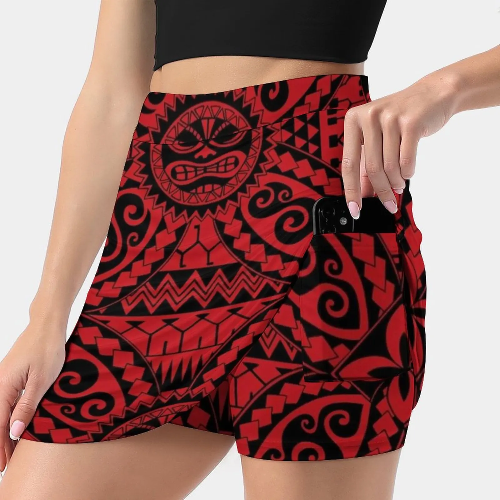 Polynesian Tattoo Red Black Design Women's skirt With Hide Pocket Tennis Skirt Golf Skirts Badminton Skirts Running skirts