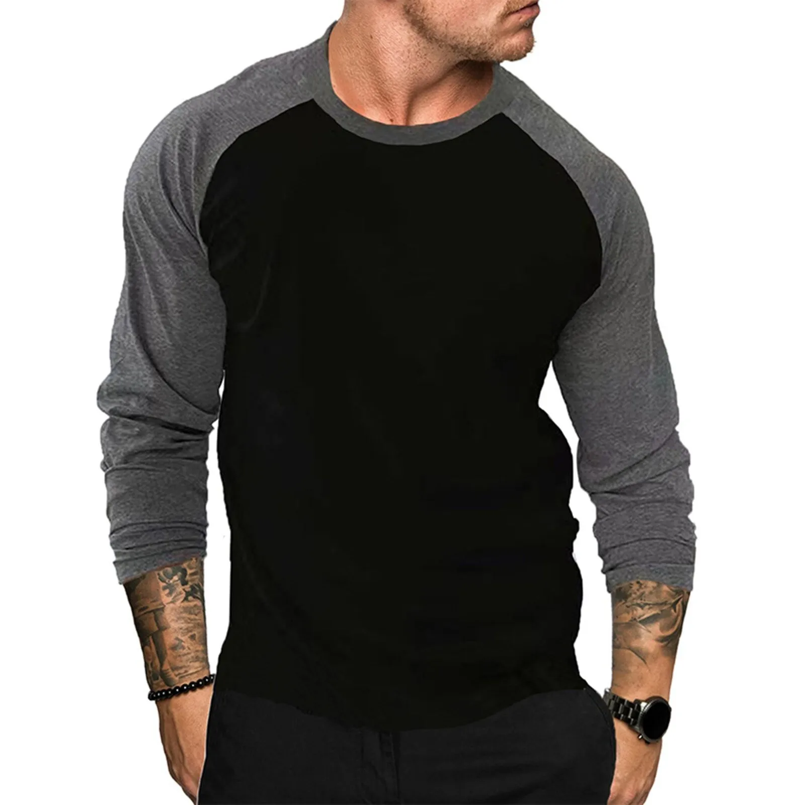 Polyester Long Sleevet-Shirts men Men S Fashionable Casual Comfortable T Shirt Color Block Raglan Sleeve Long Sleeve Men's Tops