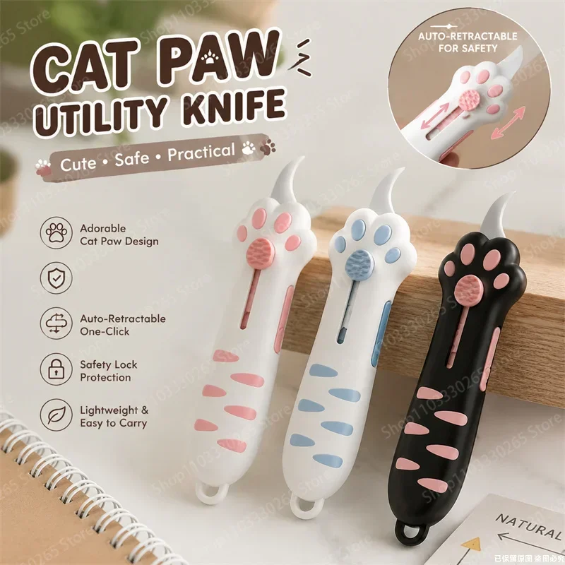 Retractable Cute Cat Paw Multi-Function Utility Knife, Portable and Safe Unboxing Tool, Office and Home Paper Cutting Gadget