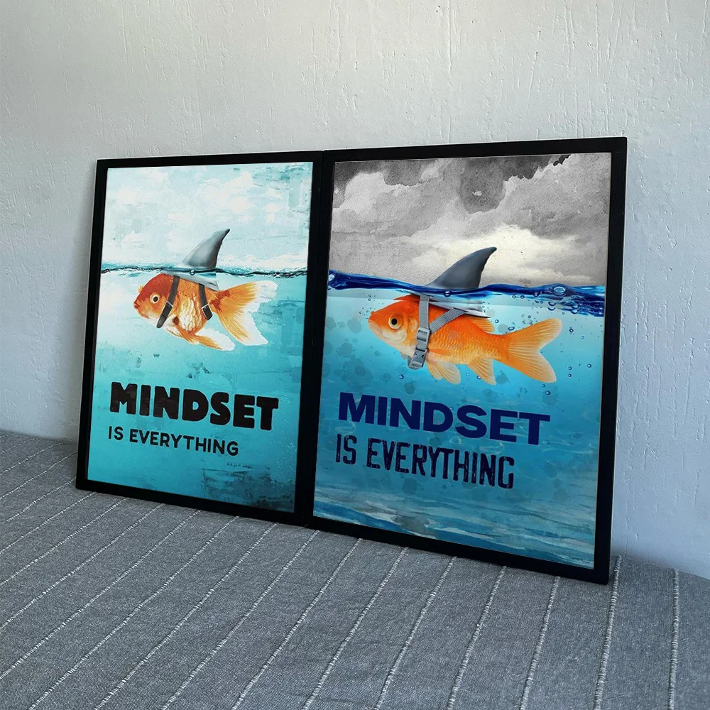 Mindset Is Everything Motivational Wall Art Poster Home Inspirational Decor HD Canvas Painting Quote Shark Goldfish Modern Decor