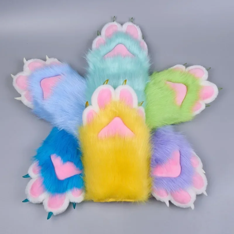 

New Unisex Kawaii Plush Toy Colorful Cat Paw Cartoon Plush Cosplay Costume Nail Tiger Claw Lolita Full Finger Gloves Accessories