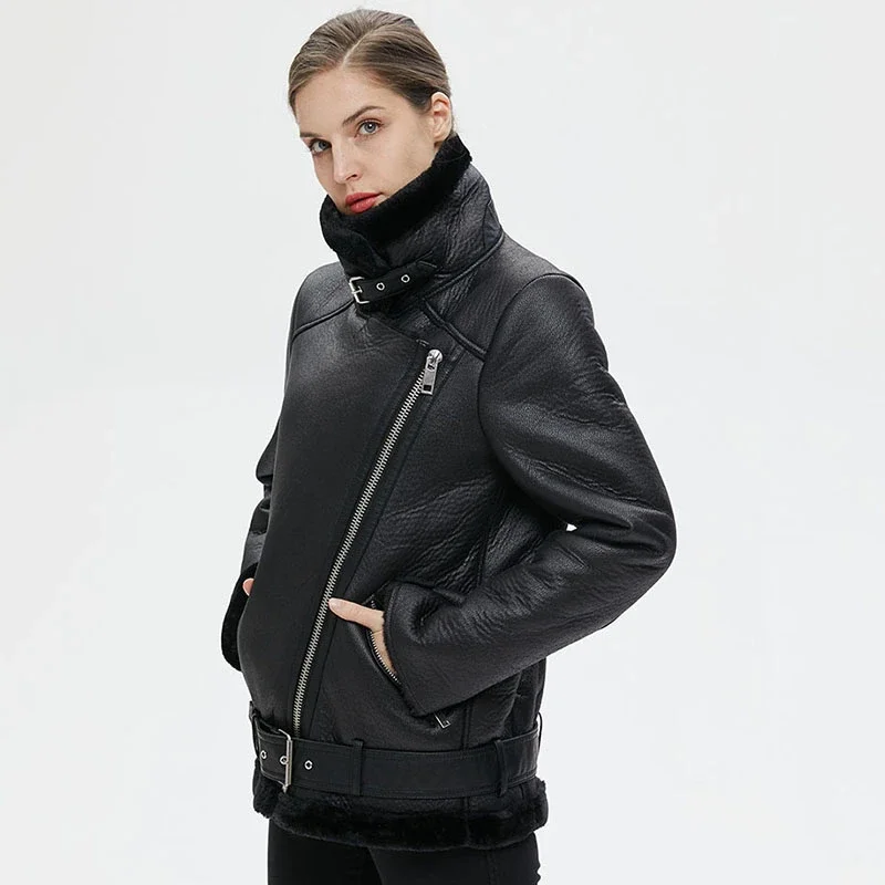 Thickened Warm Faux Leather Fleece Coat Women 2024 New High-end Simple Solid Casual Winter Motorcycle Jacket with Belt