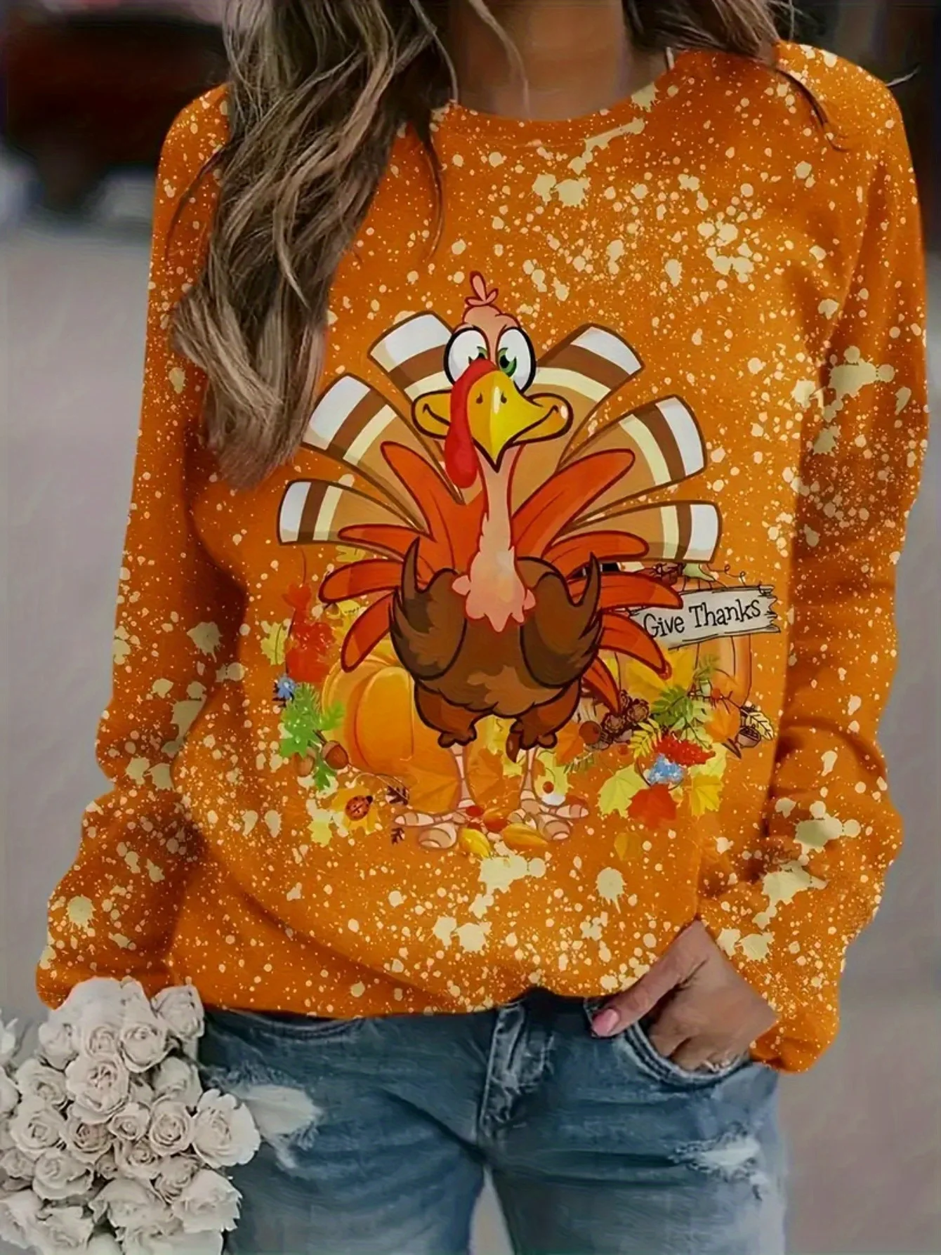 Women's Thanksgiving Turkey Sweatshirt Orange Bleached Cartoon Pumpkin Fall Long Sleeve Crew Neck Casual Pullover Top