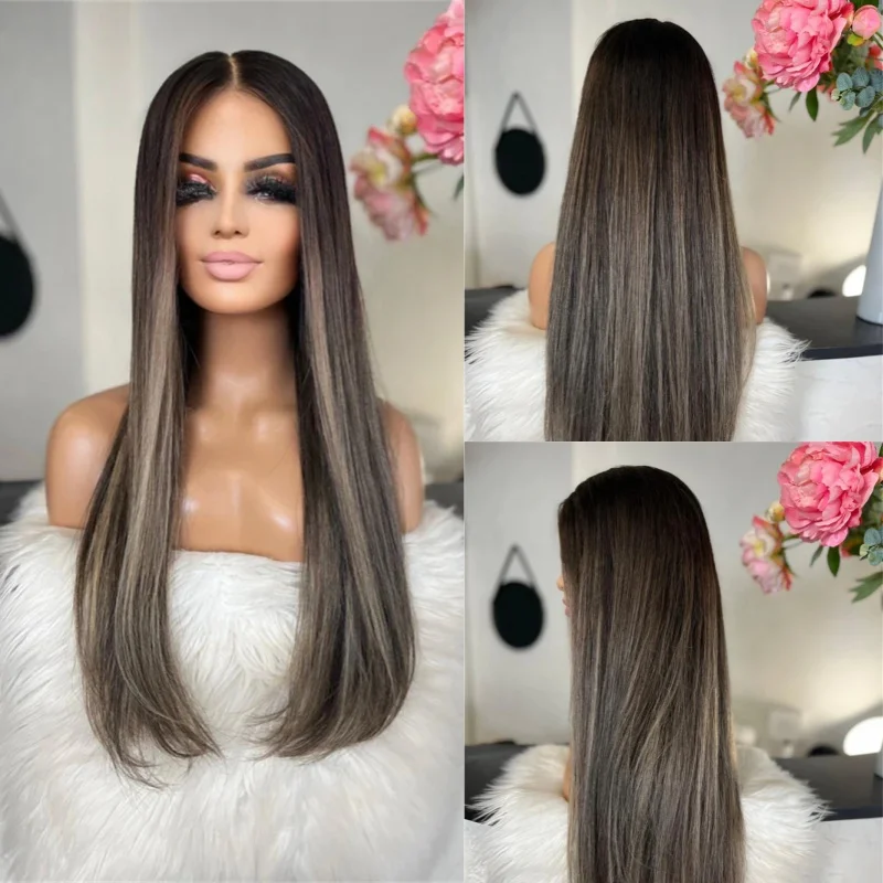 

Party Cosplay Wig Dark Brown Highlights Safe Wig High Quality Synthetic HD Transparent Lace Front Wig 28 Inch Long Straight Wig