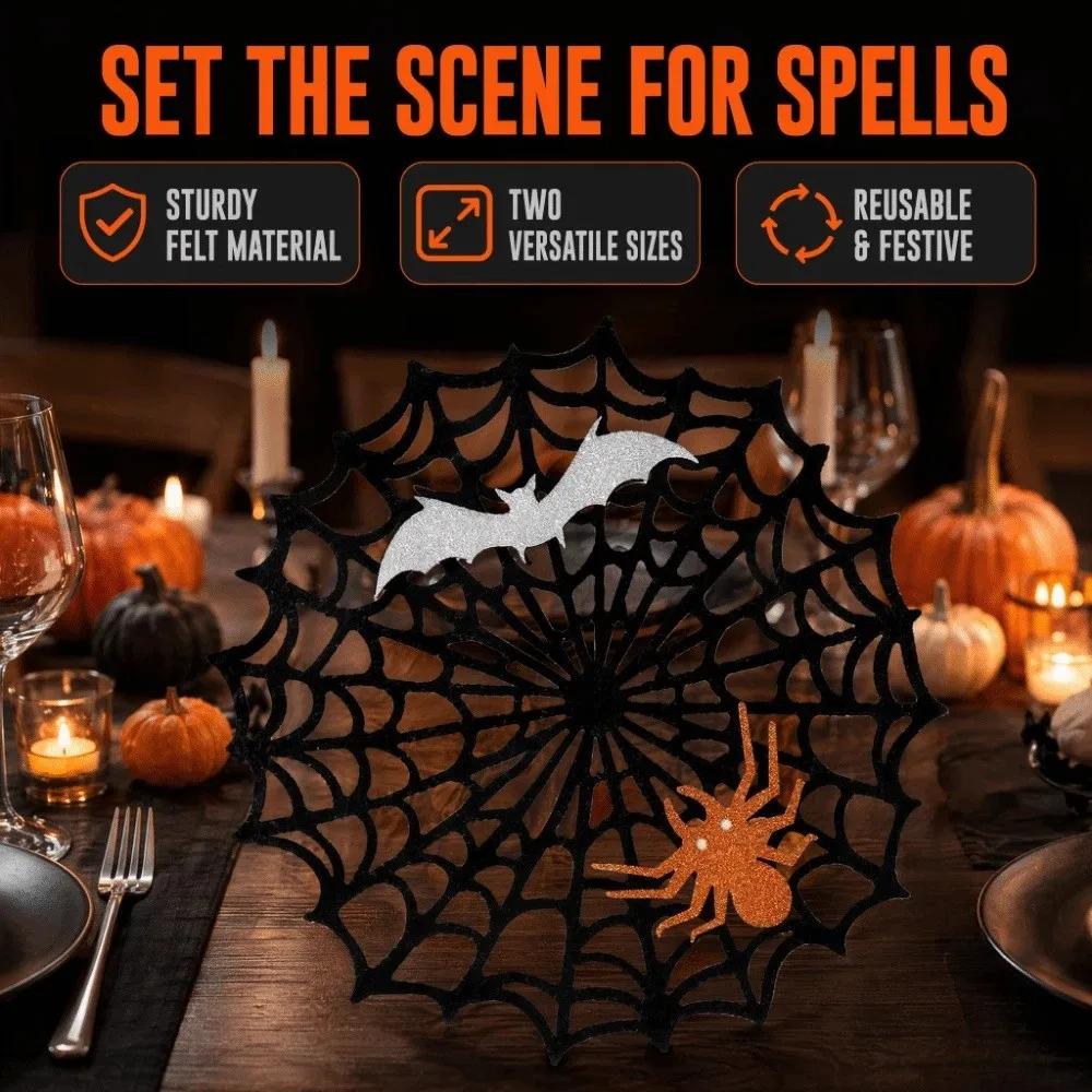 Non-slip Halloween Spider Web Placemat Waterproof Heat-Insulating Spider Web Coaster Soft Hollow Out Felt Cup Mat Dining Table