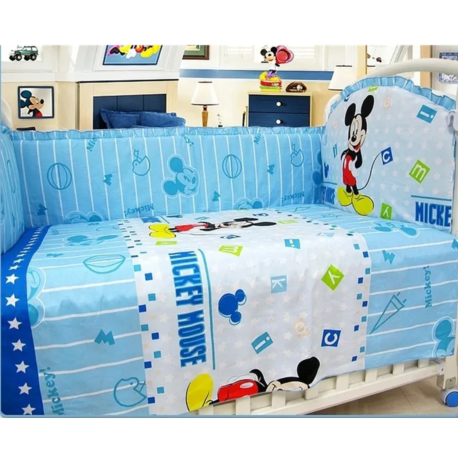 6Pcs Mickey Mouse Baby Boy Girl Cot Crib Bedding Set Cotton Infant Nursery Room Breathable (4bumper+sheet+pillowcase)