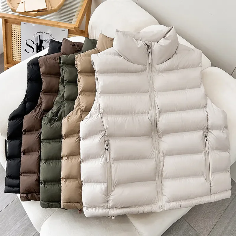 2024 Autumn Women Ultra Light Down Cotton Vest Sleeveless Jacket Female Stand Collar Waistcoat Zipper Cotton Padded Jacket Warm