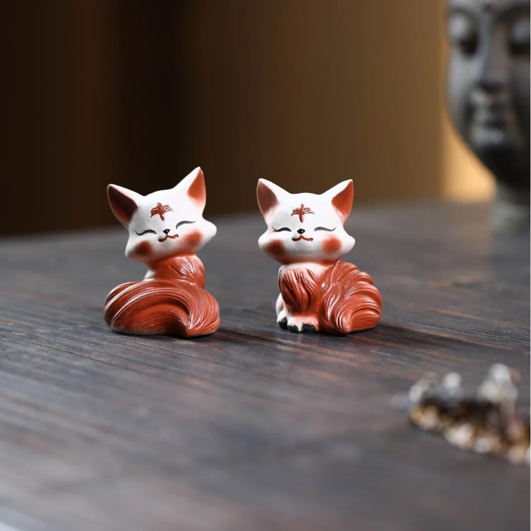 Purple Clay Pet Fox Ornament, Nine-Tailed Spirit Fox, Creative Painted Tray Decoration Accessory, Tea Set, Can Be Nurtured