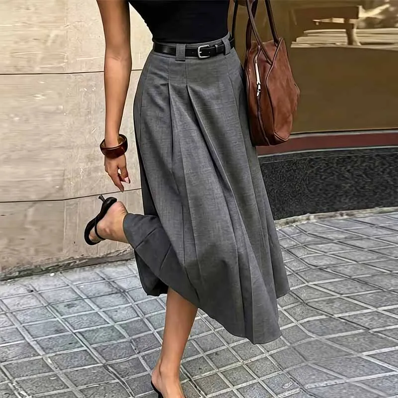 New Women Skirt Office Lady Elegant Solid Skirts High Waist Folds A-LINE Long Skirt Women Skirts for Women Faldas 2026 Q6856