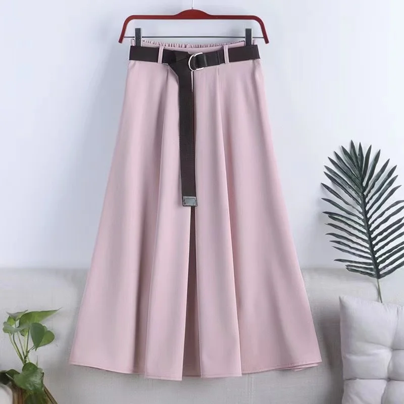 Korean Fashion Women Skirt Casual Loose Elastic High Waist Belt A Line Ladies Work Umbrella Skirt 2023 Spring Autumn Midi Skirt