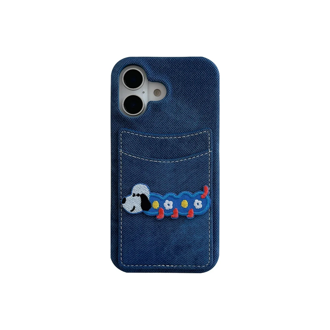 Cute Cartoon Embroidered Sausage Puppy Denim Card Slot Pocket Wallet Case For iPhone 11 12 13 14 15 16 Pro Max Plus Phone Cover