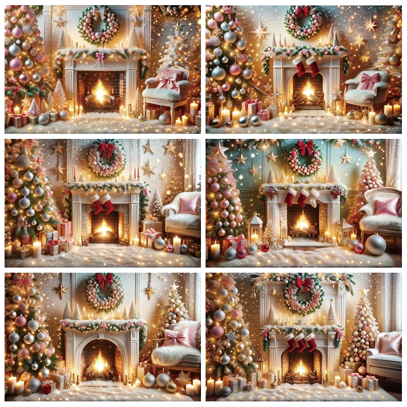 

Christmas Trees Wreath Photography Backdrop Gold Living Room Fireplace Background Xmas New Year Decor Photo Studio Supplies