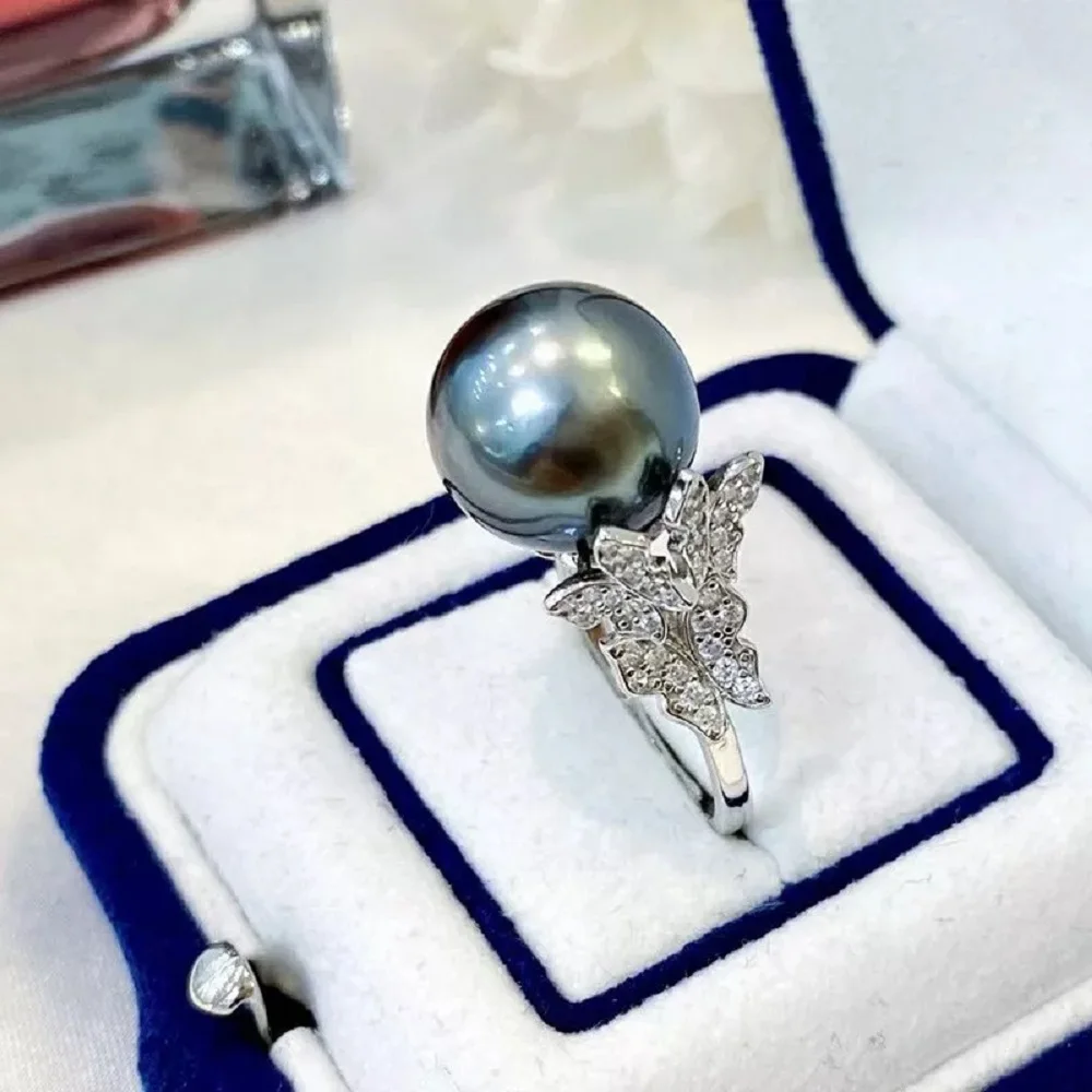 

Fashionable and exquisite pearl AAAA+10-11 mm natural South Sea black green circular pearl ring 925S