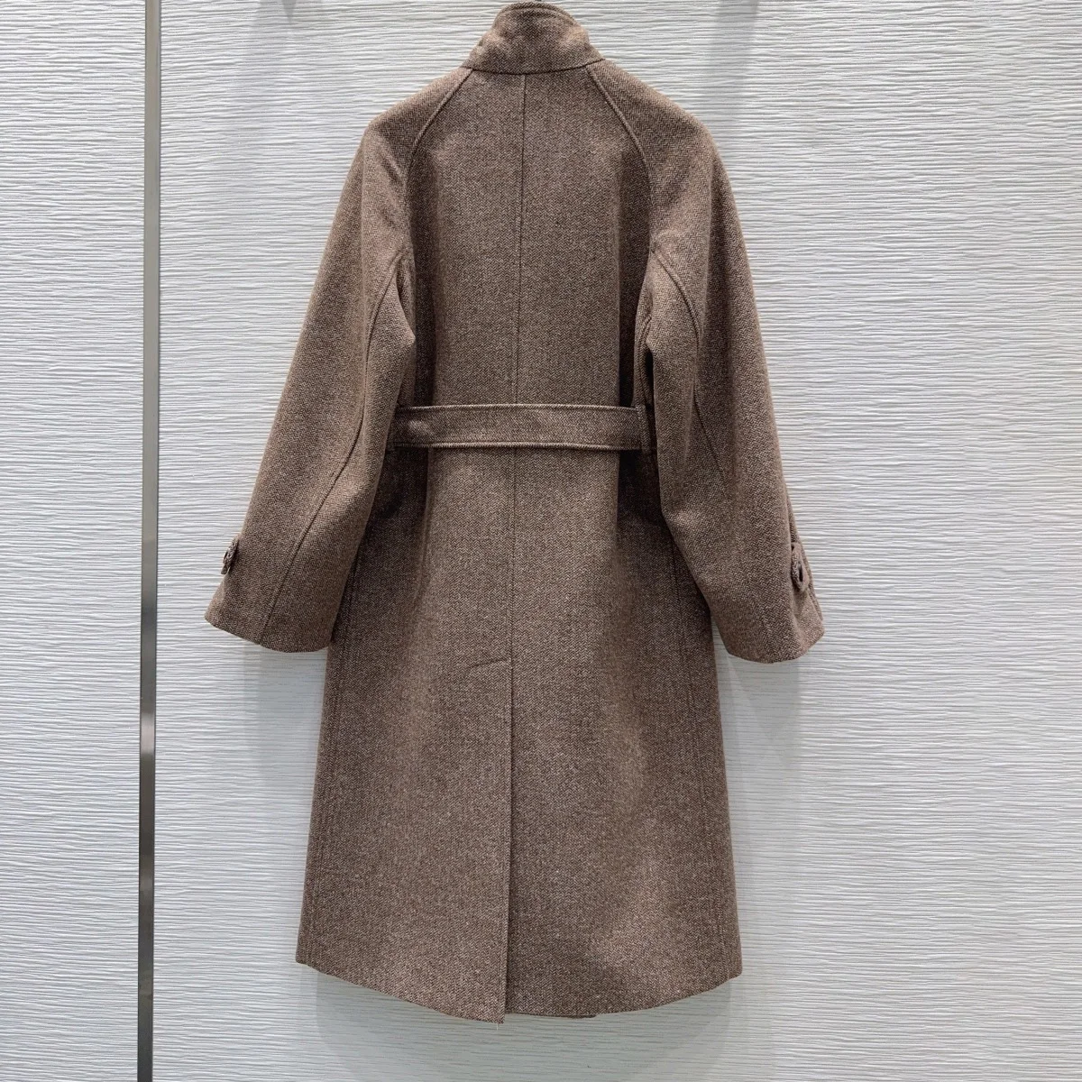High Quality Women Herringbone Long Coat, Stand Collar Button Down Belted Long Sleeve Outerwear lyt26101633