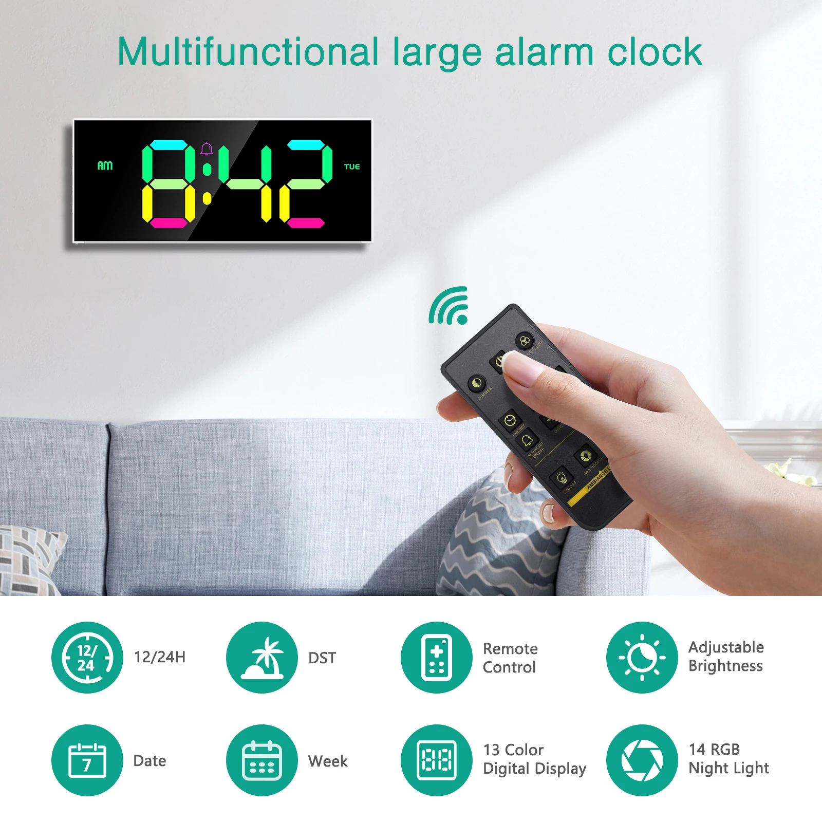 ORIA Digital Wall Clock 12" Large Display RGB Colorful Alarm Clock with Remote Control for Living Room, Gym view 6
