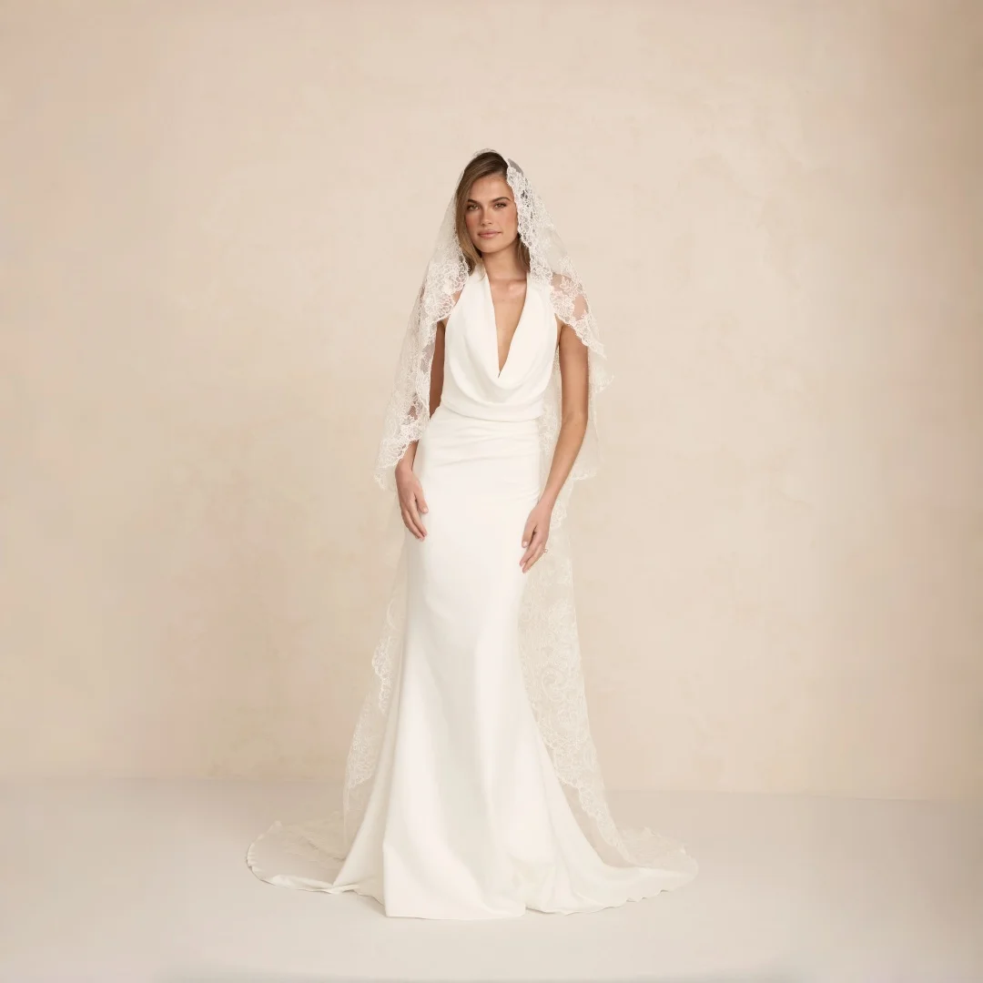 Wishah Customized Mermaid Elegant Modern Crepe Wedding Dress Halter Neck Sleeveless Chapel Train Low Back Button Bridal Gowns