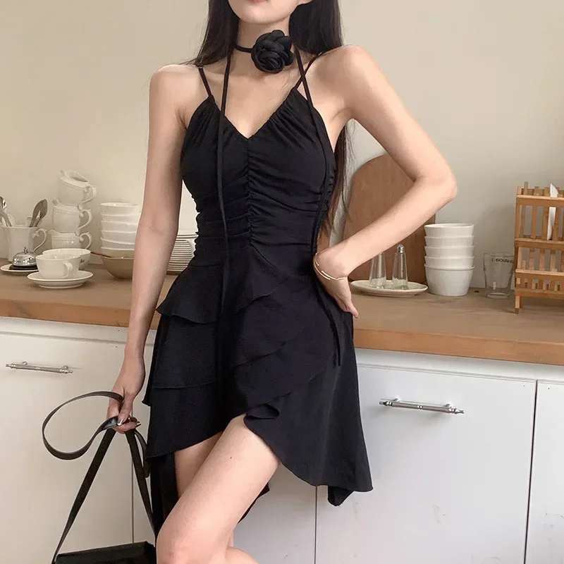 

Black Y2k Mini Dress 2025 Women Party Rose Sling Slash Neck Dresses E-girl Dresses Summer Vestidos Ruffles Irregularity Lace Up