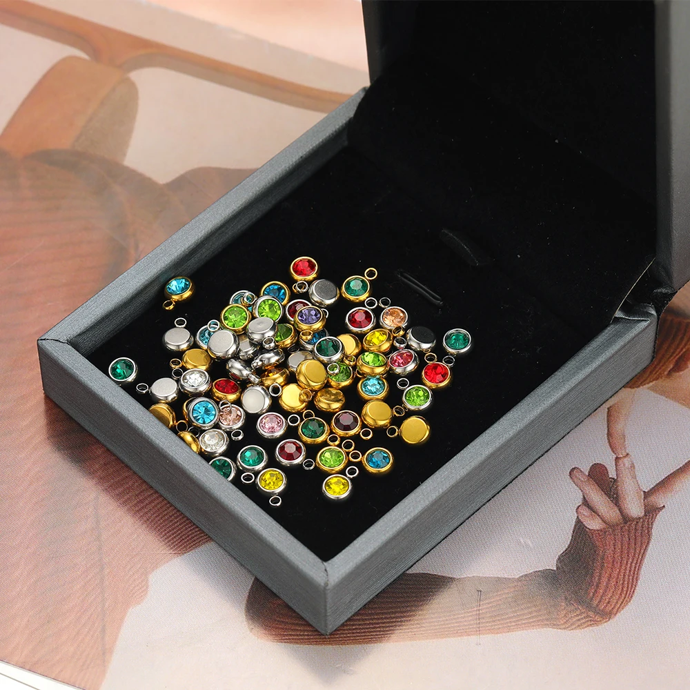 20 piezas colgantes de cuentas de circón de acero inoxidable, dijes de piedra natal de 12 meses para joyería DIY, collar de la suerte, pulsera, fabricación de pendientes