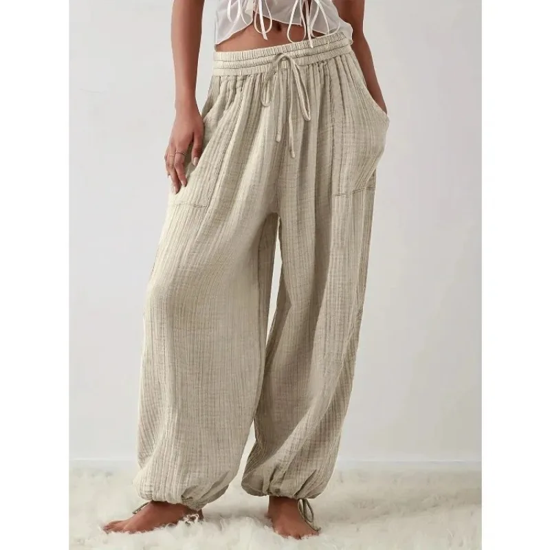 Plus Size Women's Casual  High Elastic Waist Harem Pants Solid Color Bandage Wide Leg Pants with Pockets Soft Slacks Trousers