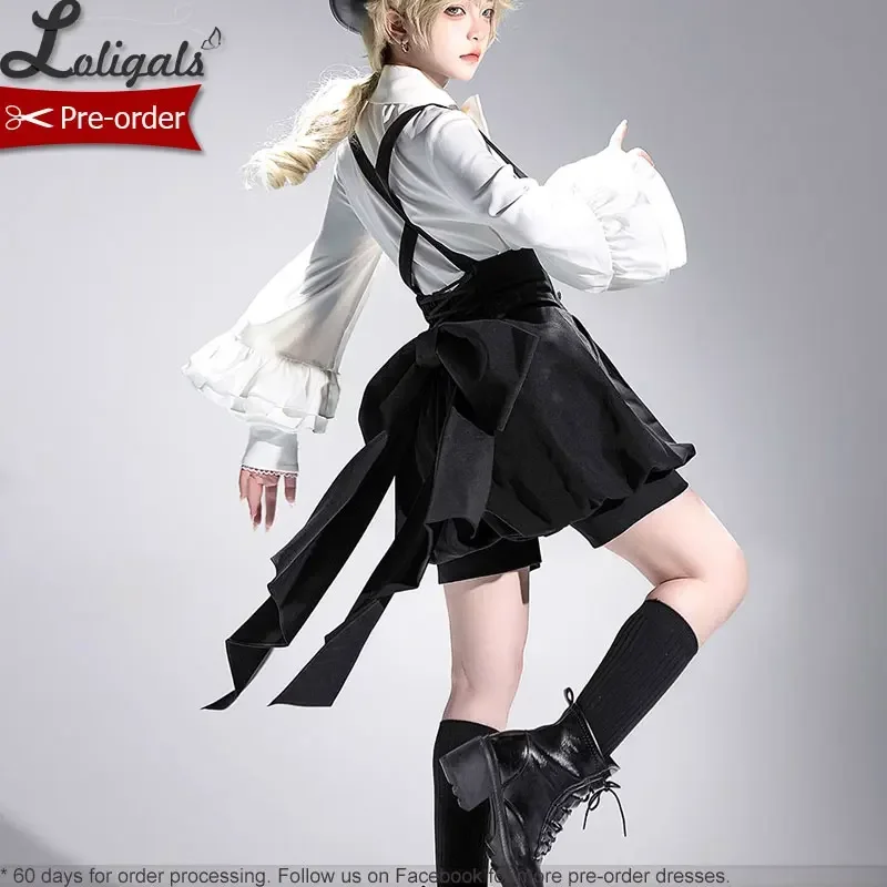 قميص لوليتا أبيض قوطي بأكمام طويلة شورت بحمالات من Ouji Prince باللون الأسود القديم مع القوس ~ دمية أنيقة من Princess Chronicles