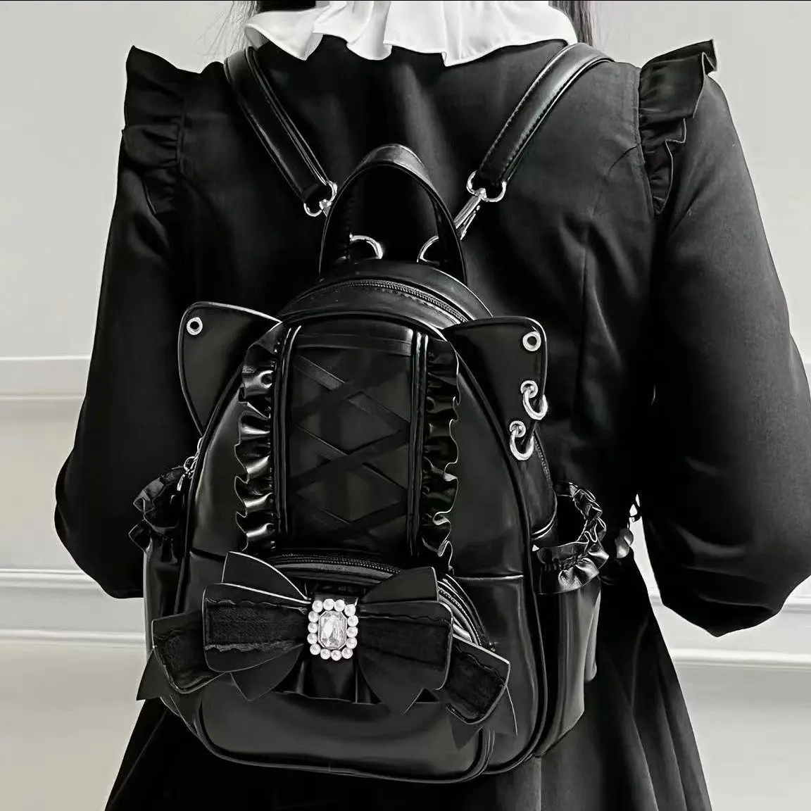 

JIAERDI Harajuku Aesthetic Mini Backpack Women Sweet Cute Lace Bow Chic Cat Y2k Backpacks Student Japanese Mochila Aesthetic