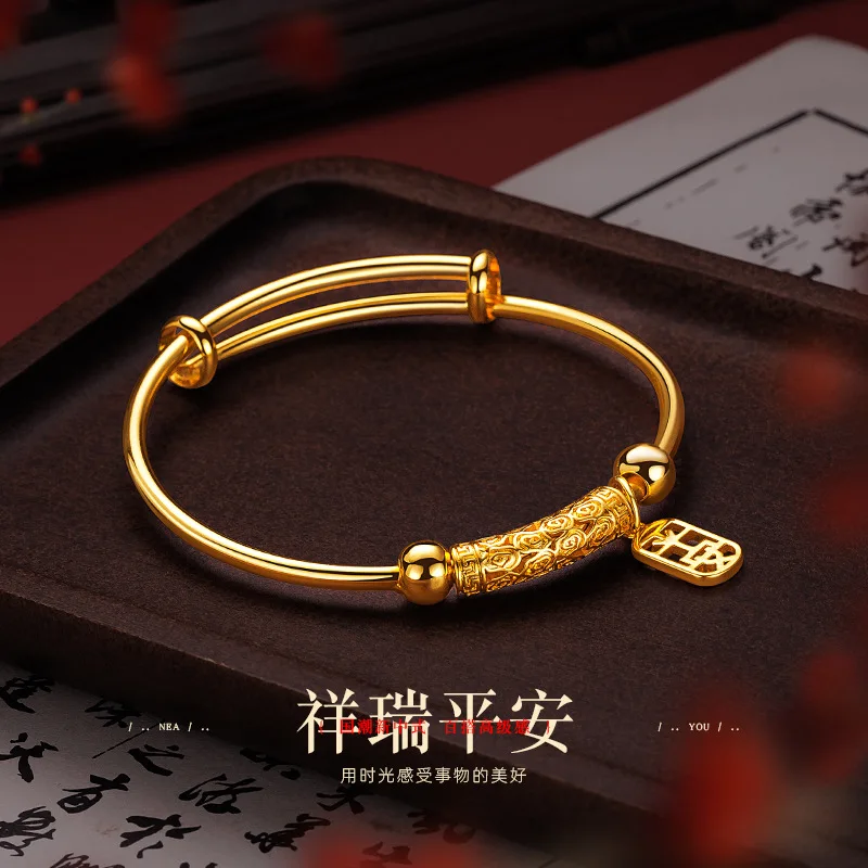 

New Chinese Style 9999 24K Real Gold Chinese Style Women's Xiangyun Curved Tube Safety Bracelet Adjustable Push-pull Bracelet