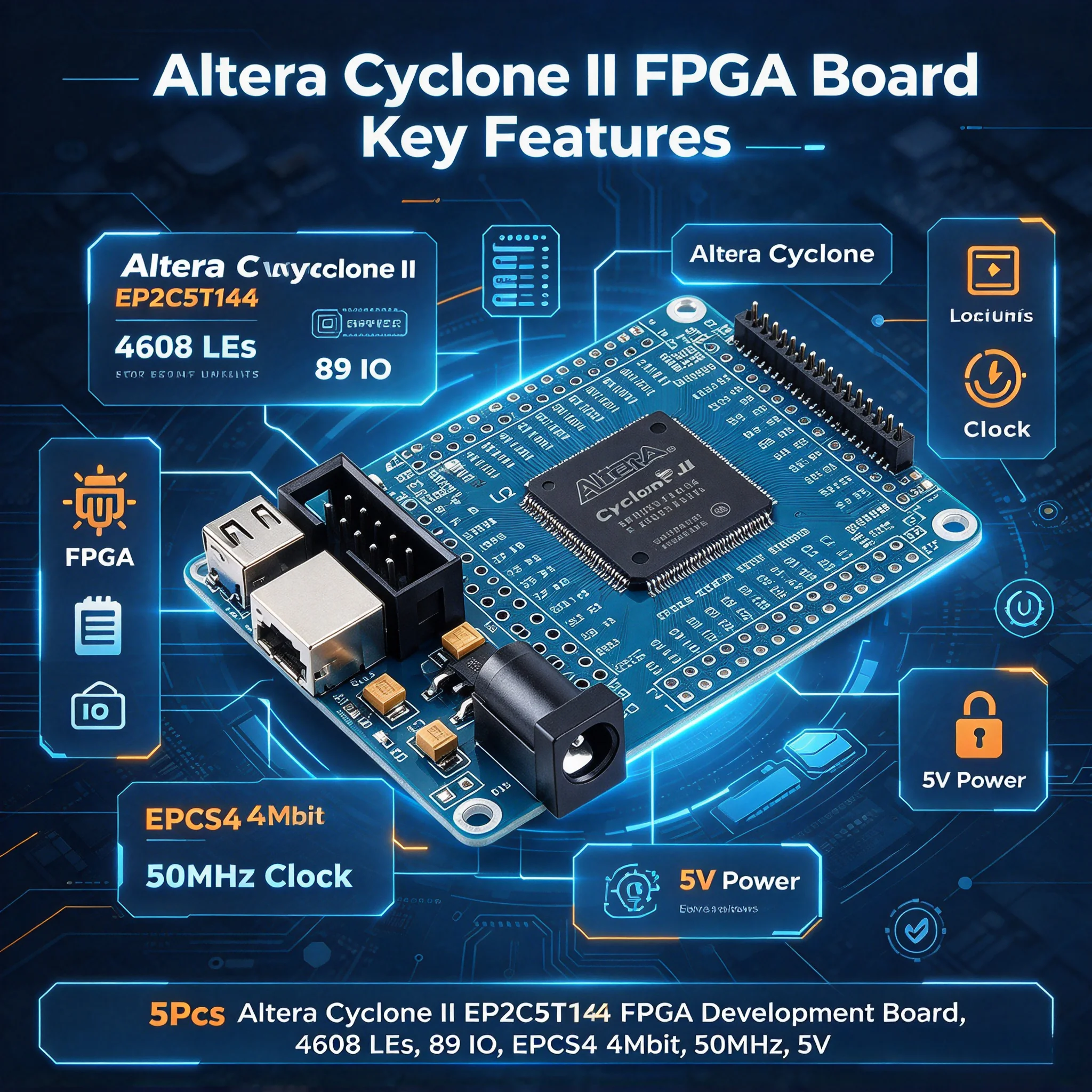 5Pcs Altera Cyclone II EP2C5T144 FPGA Development Board 4608 LEs 89 IO EPCS4 4Mbit 50MHz 5V