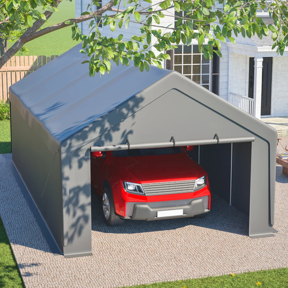 13x25 FT Schwerlast-Carport, wasserdichtes Auto-Vordach für den Außenbereich mit verzinktem Stahlrahmen, UV-beständiger grauer Plane, aufrollbares Fenster & abnehmbare Seitenwände, stabile 8