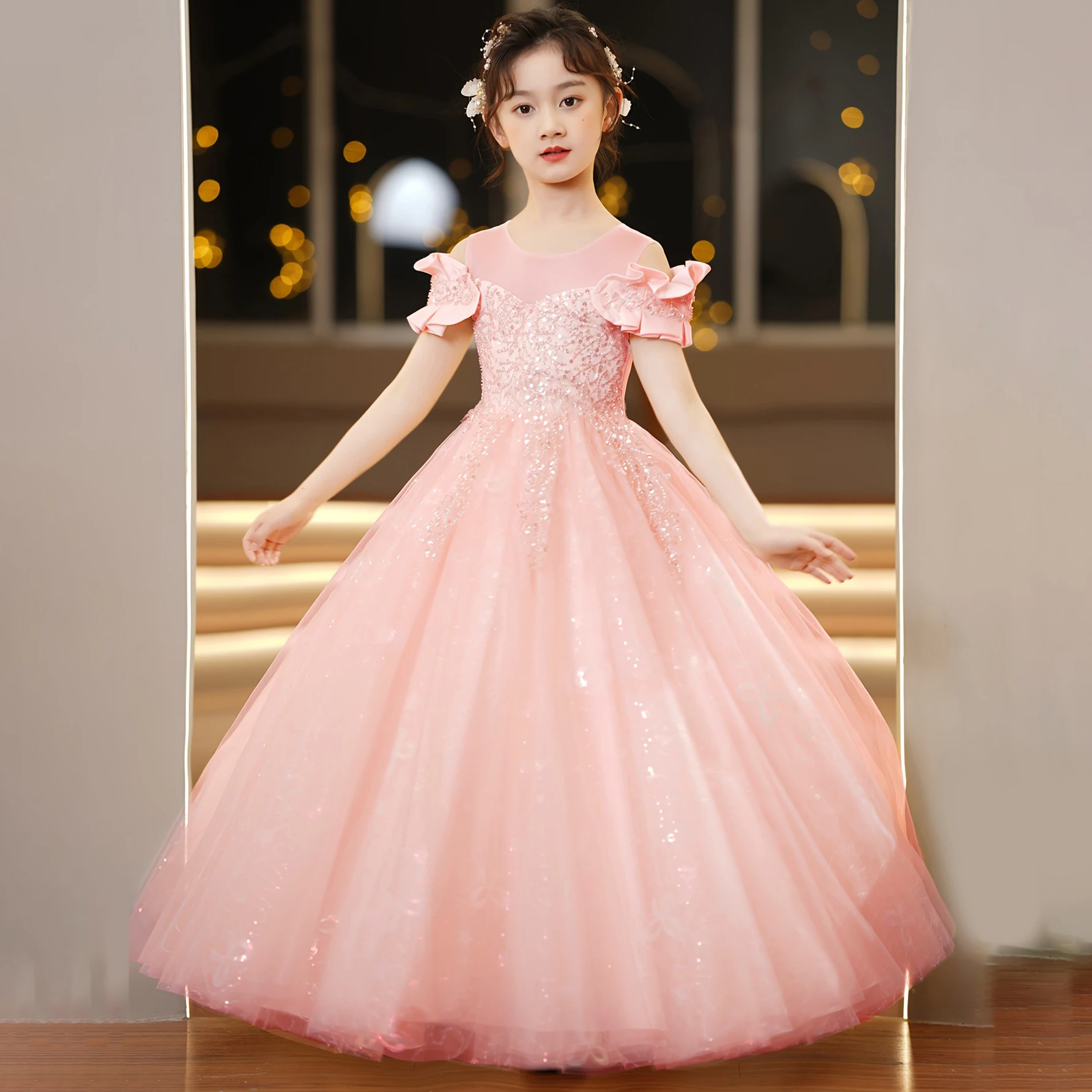 Fluffy Sequin Bridesmaid Party Girls Dress Elegant Tulle Wedding Princess Prom Dresses for Girl Bow First Communion Evening Gown