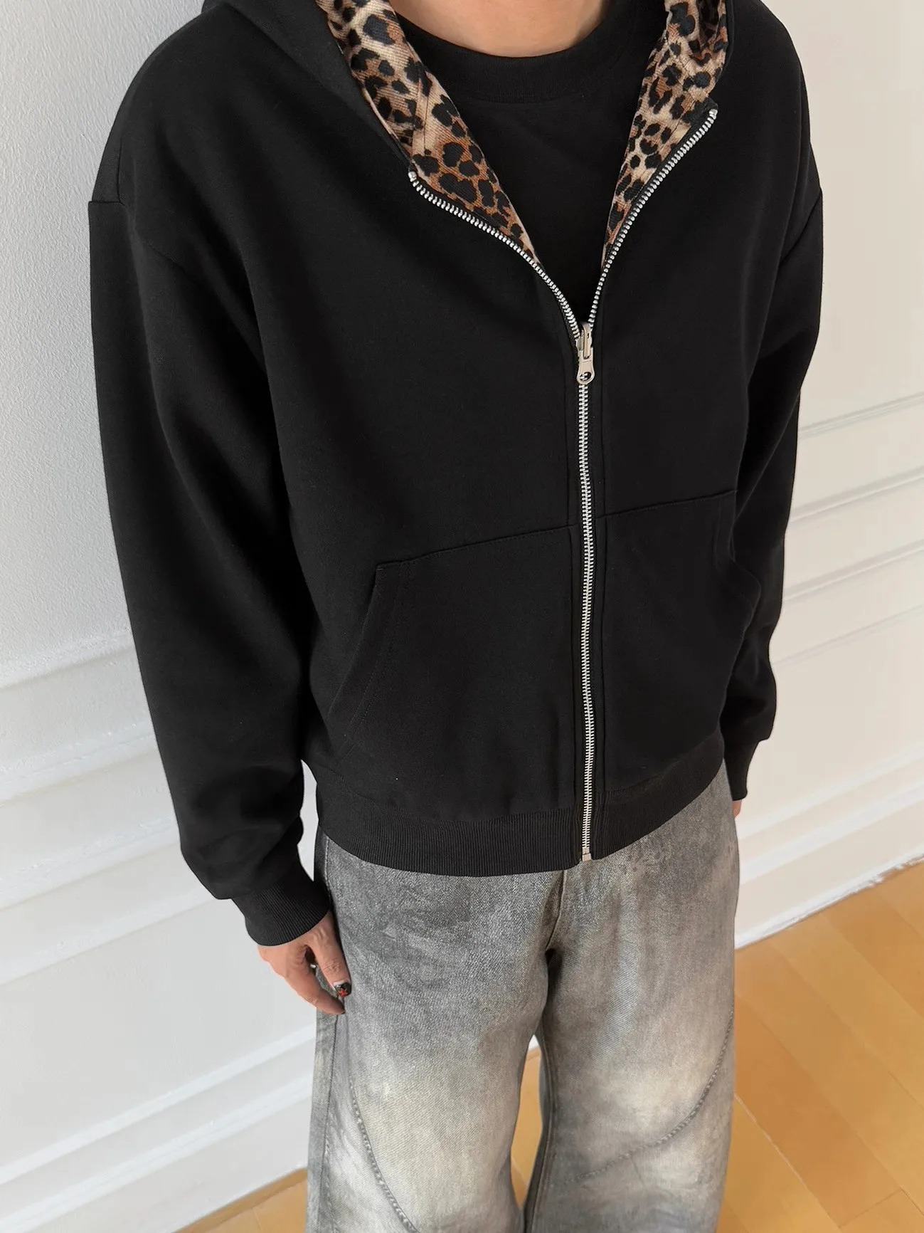 

Двусторонняя толстовка с леопардовым принтом, кардиган, мужской осенне-зимний свободный крой, молодежный повседневный длинный све, куртка на молнии