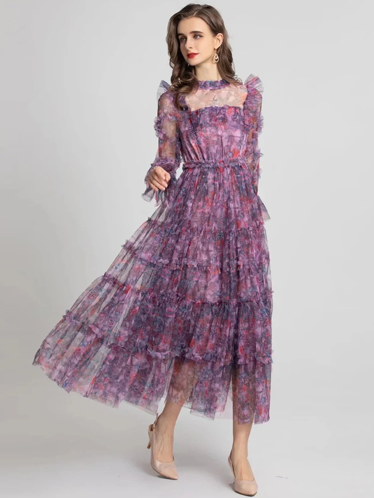 DLDENGHAN Women Mesh Dress Stand Collar Flare Sleeve Ruffles Flowers Print Vintage Party High Waist Long Dresses Summer New