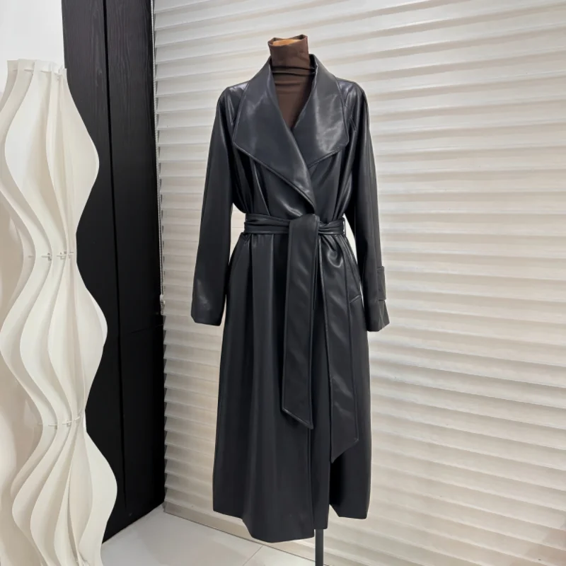 Autumn Winter Long Leather Coat Women 2025 New Fashion Loose Temperament The Waist Windbreaker Pure Colour Outerwear Female