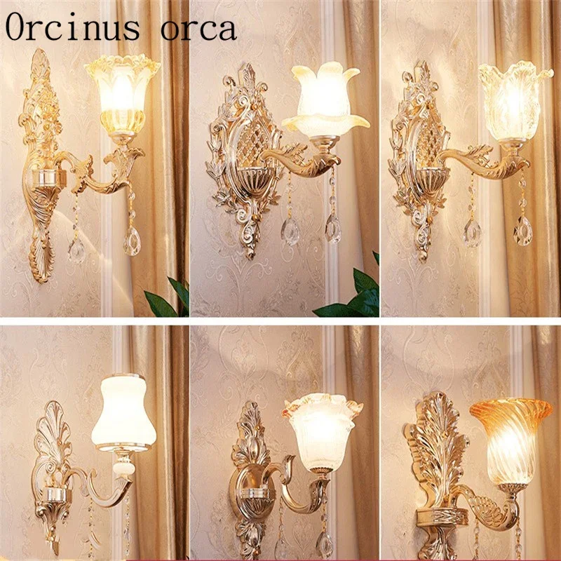 

European style alloy crystal wall lamp living room background wall bedroom American style modern simple jade wall lamp