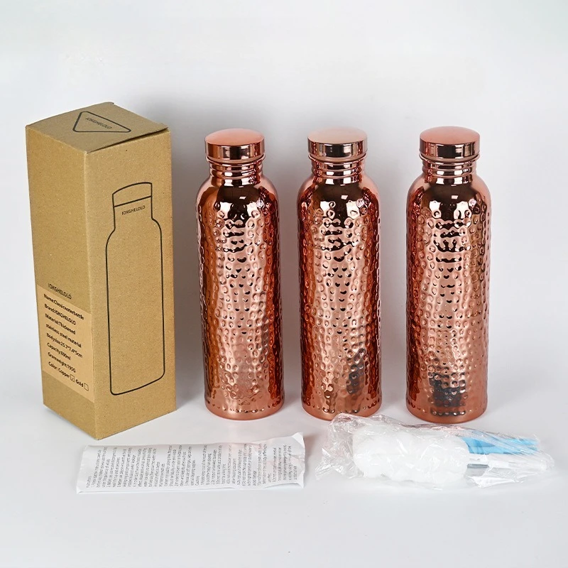 800ML Electroplated Copper Stainless Steel Water Bottle One-Click Open Lid Hammer Pattern Sports Water Bottle
