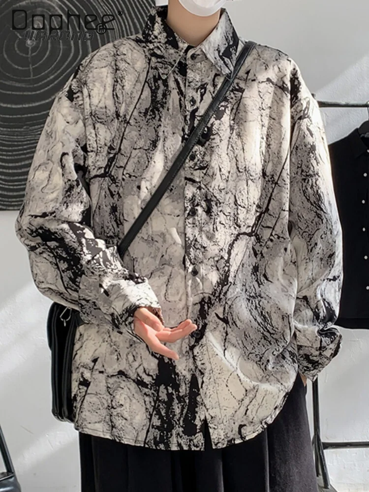 

Весна и осень 2024, новая высококачественная черно-белая тонкая повседневная свободная рубашка с отложным воротником и длинными рукавами с принтом черно-белого цвета