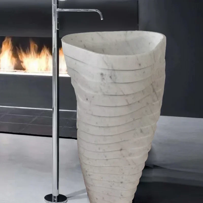 Pillar basin, floor standing marble bathroom, art integrated molding, original stone basin