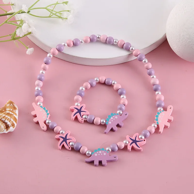 Fashion Necklace Bracelet Sets Natural Wood Beads Cute Cartoon Pattern For Jewelry Girl Birthday Gift Jewelry Sets