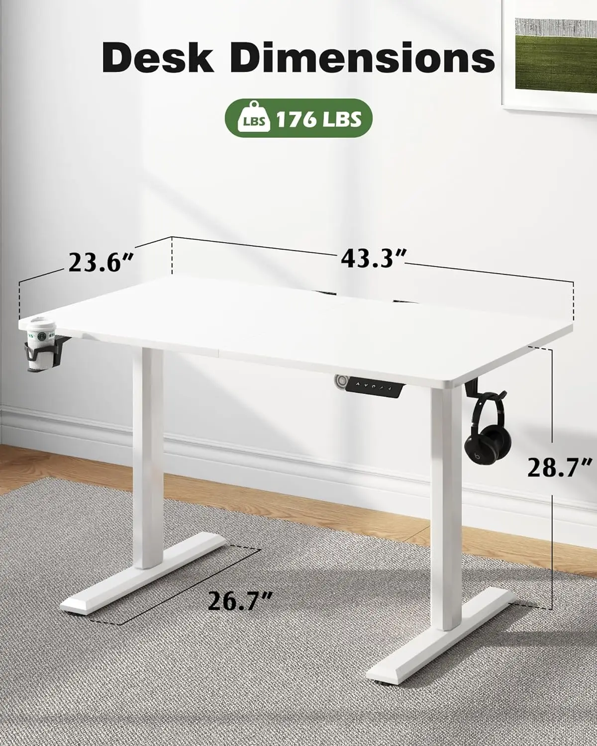 Electric Standing Desk 43 In Ergonomic Height Adjustable Table with T-Shaped Metal Bracket Modern Computer Workstations for Home