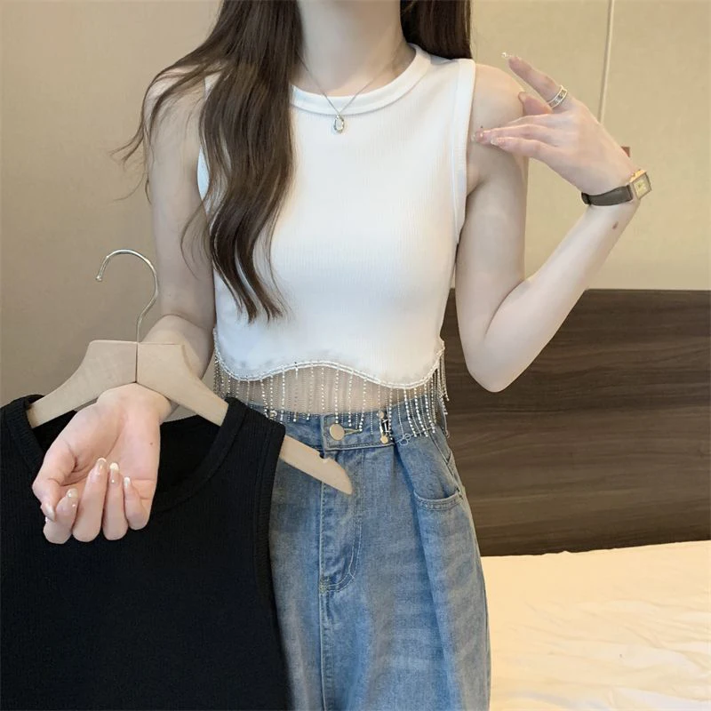 GIDYQ Summer Ice Silk Irregular Tassel Tees Women Fashion Solid Chic Rhinestone Sleeveless Vest Y2k Casual Slim Camisole Top New