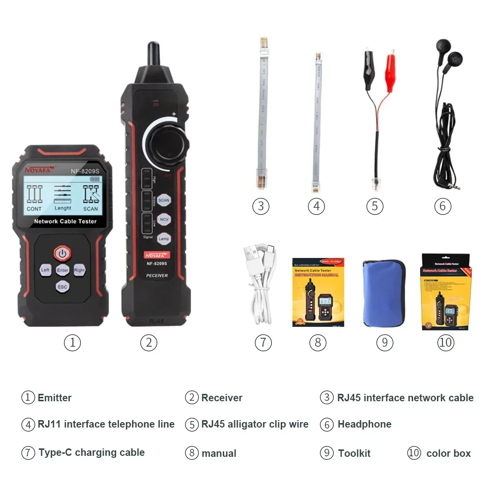 Noyafa NF-8209S Network Cable Tester LCD Display Cable Tracker Poe Checker Detect Length Measure Fault Distance Crimping Test