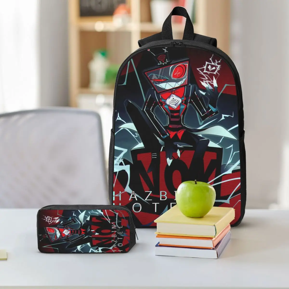 กระเป๋าเป้เด็ก Hazbines Hoteles Alastor Vox 2 พร้อมกล่องอาหารกลางวันและกระเป๋าใส่ปากกา สำหรับเด็กชายและเด็กหญิง ชุดกระเป๋าเป้ไปโรงเรียน