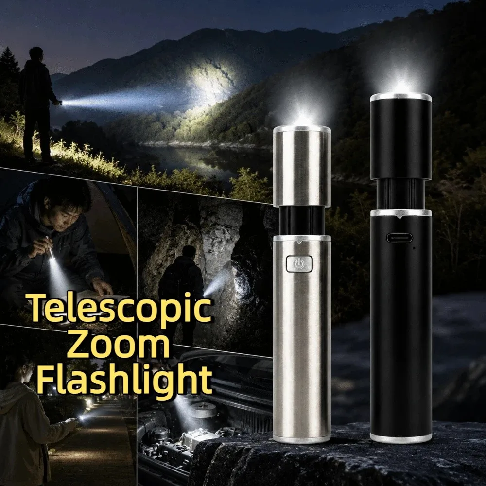 Super Bright Telescopic Zoom Flashlight Waterproof Rechargeable Strong LED Flashlight Multifunctional Stainless Steel