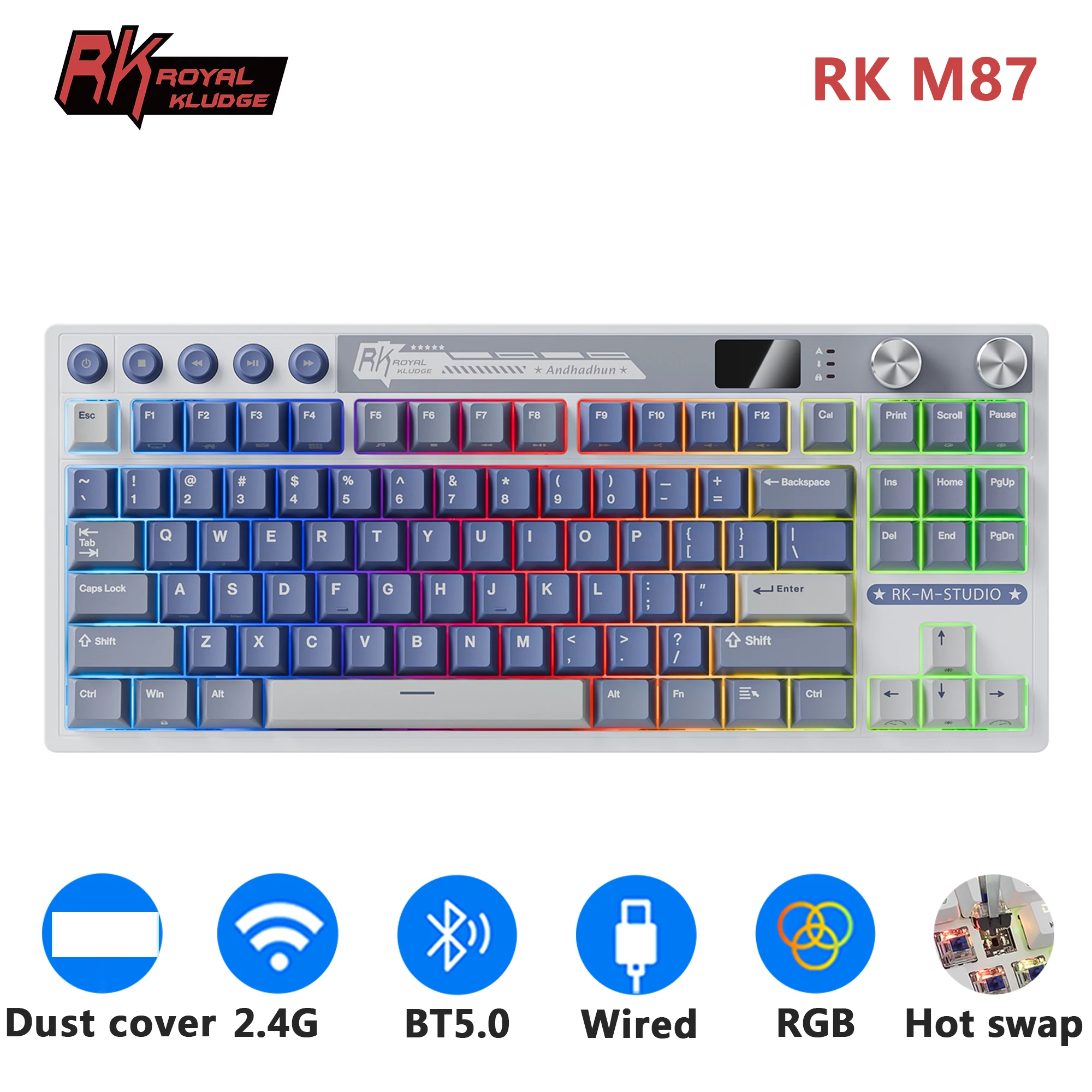 M87 RK ROYAL KLUDGE Mechanical Keyboard Wireless/Bluetooth/2.4G/USB-C Hot-Swappable Gasket Gamer Keyboard with TFT Color Screen